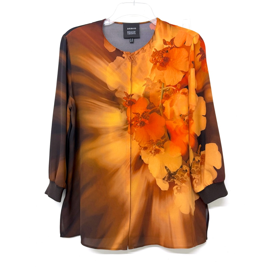 Akris Orchid Iris Print Silk Top Blouse Orange Brown Floral Ombre Sunburst 10